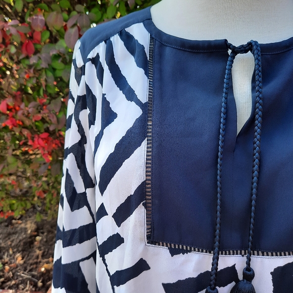 Chico's Travelers Sheer Geo Print Tassel Cutout Silky Coverup Top Navy Medium - Picture 2 of 13